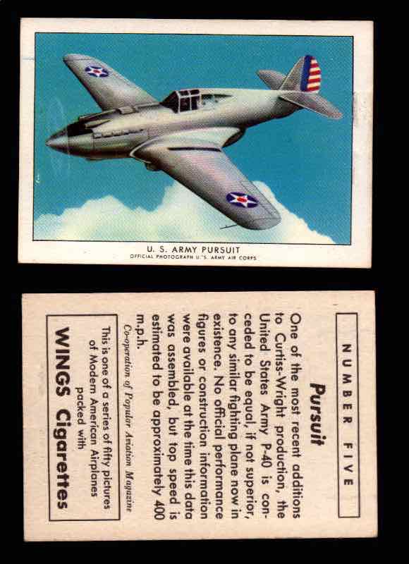 1940 Modern American Airplanes Series 1 Vintage Trading Cards Pick Singles #1-50 5 U.S. Army Pursuit (Curtiss-Wright P-40)  - TvMovieCards.com