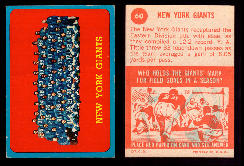 1963 Topps Football Trading Card You Pick Singles #1-#170 VG/EX #60 New York Giants Team Card  - TvMovieCards.com