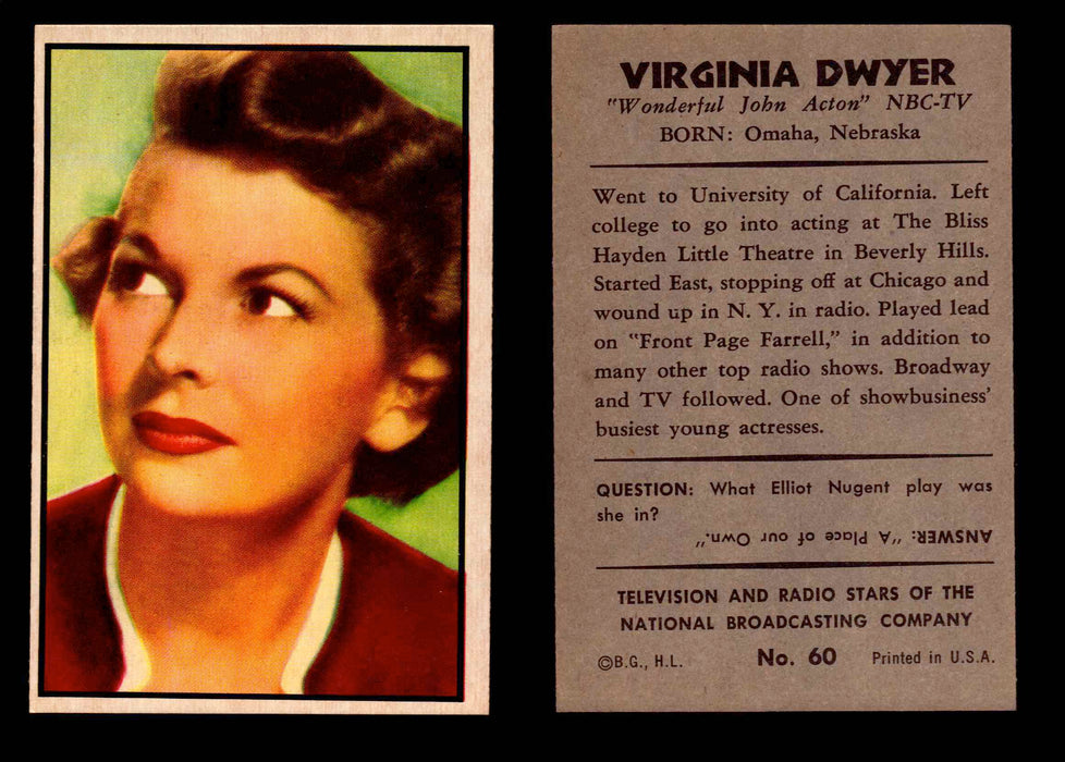 1953 Bowman NBC TV & Radio Stars Vintage Trading Card You Pick Singles #1-96 #60 Virginia Dwyer  - TvMovieCards.com