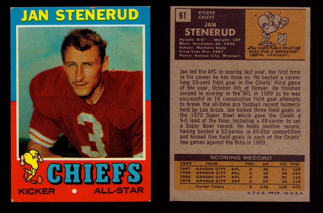 1971 Topps Football Trading Card You Pick Singles #1-#263 G/VG/EX #	61	Jan Stenerud (HOF)  - TvMovieCards.com