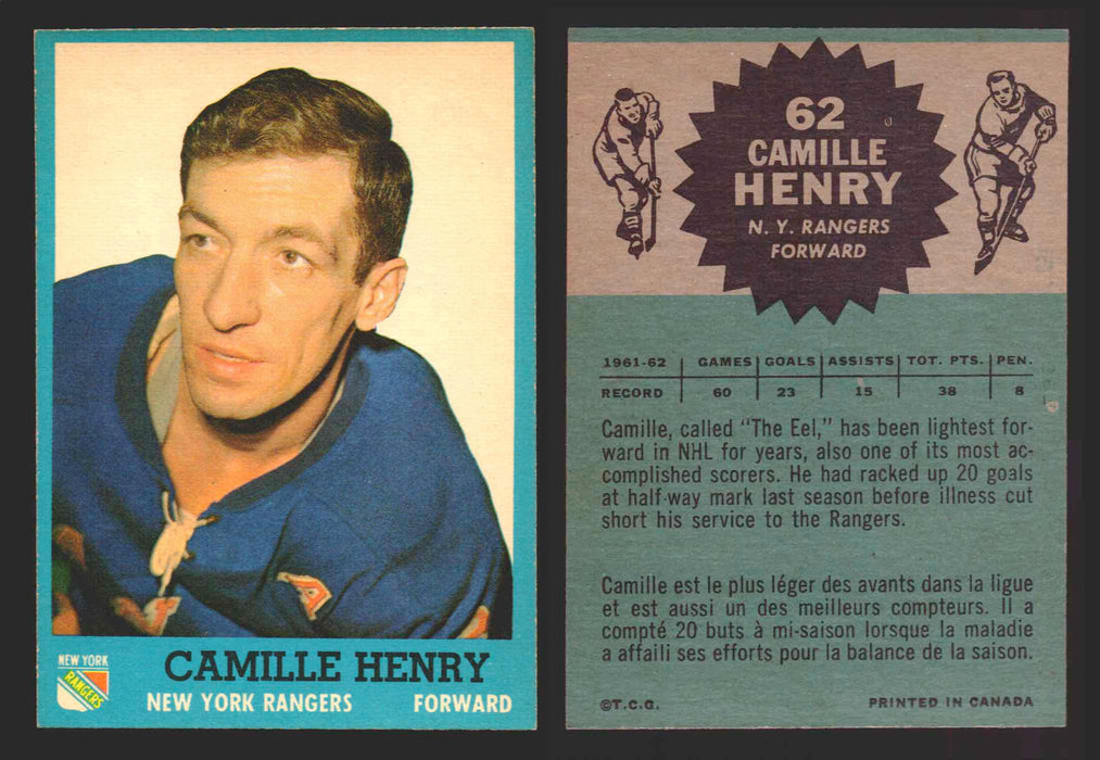 1962-63 Topps Hockey NHL Trading Card You Pick Single Cards #1 - 66 EX/NM #	62 Camille Henry  - TvMovieCards.com