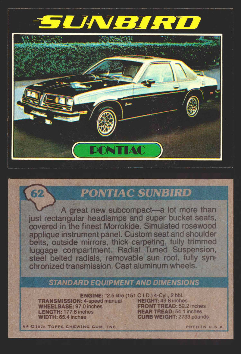 1976 Autos of 1977 Vintage Trading Cards You Pick Singles #1-99 Topps 62   Pontiac Sunbird  - TvMovieCards.com