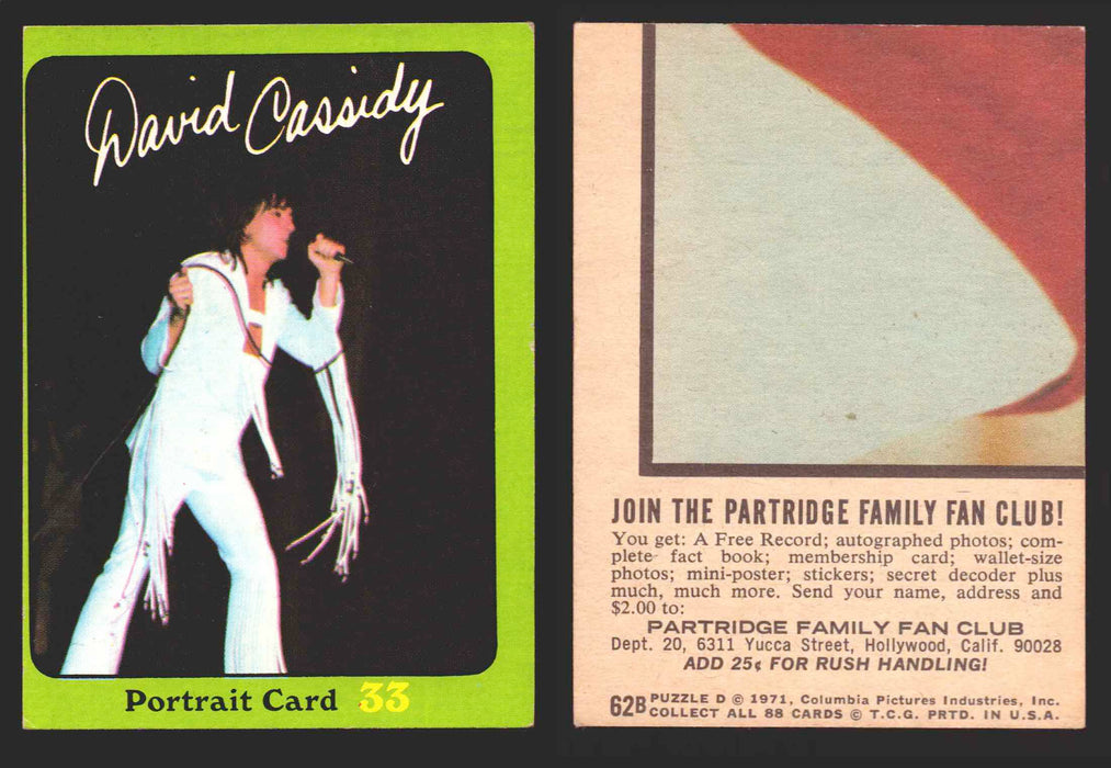 1971 The Partridge Family Series 3 Green You Pick Single Cards #1-88B Topps USA #	62B   Portrait Card 33: David Cassidy  - TvMovieCards.com