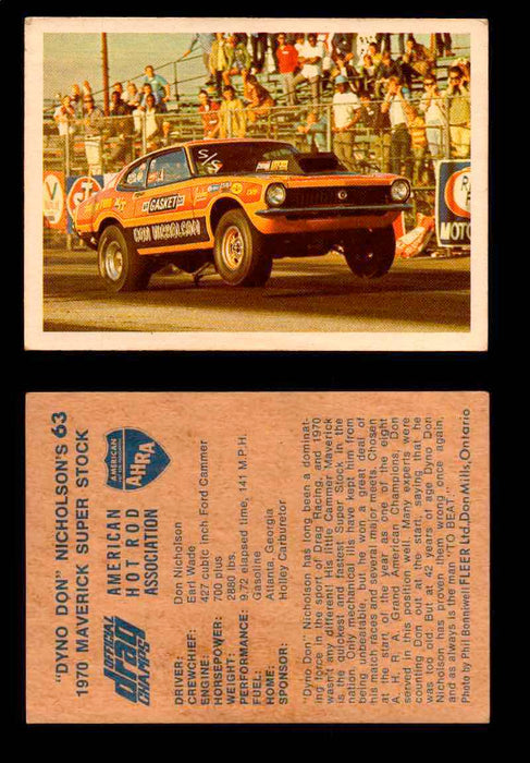 AHRA Official Drag Champs 1971 Fleer Canada Trading Cards You Pick Singles #1-63 63   "Dyno Don" Nicholson's                           1970 Maverick Super Stock  - TvMovieCards.com