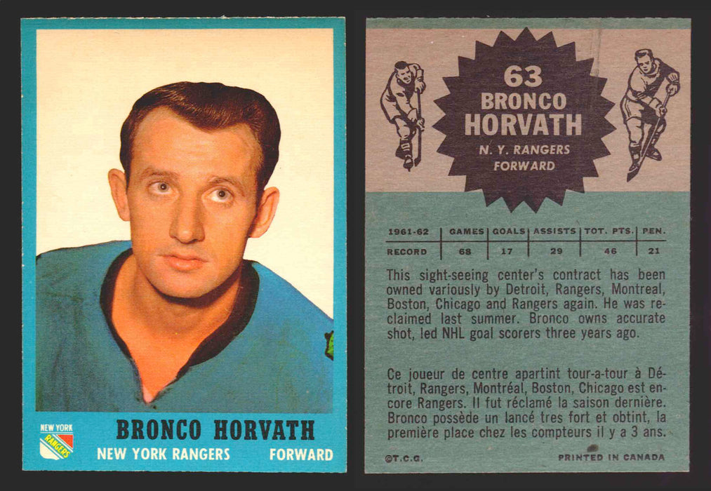 1962-63 Topps Hockey NHL Trading Card You Pick Single Cards #1 - 66 EX/NM #	63 Bronco Horvath  - TvMovieCards.com