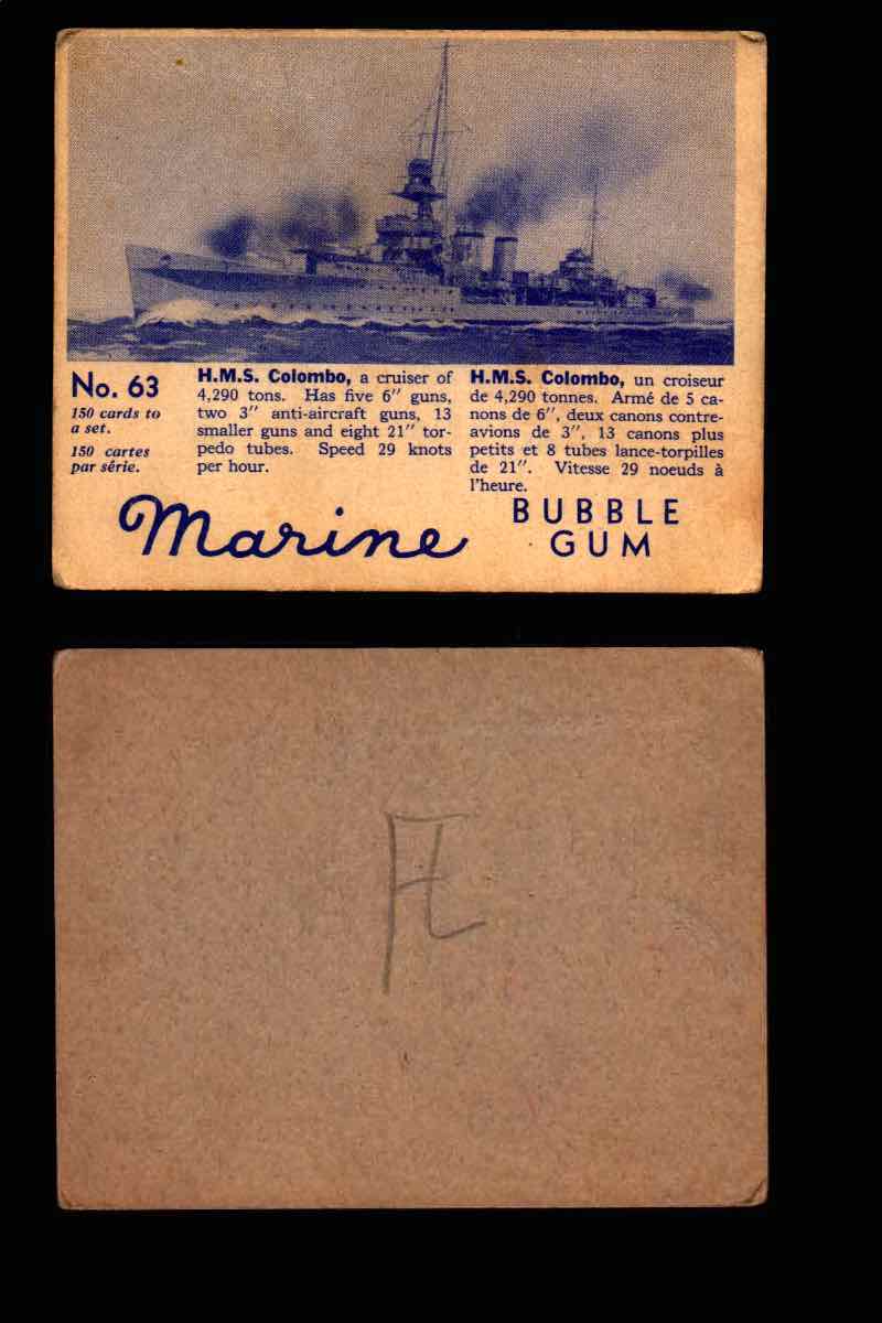 1944 Marine Bubble Gum World Wide V403-1 Vintage Trading Card #1-120 Singles #63 H.M.S. Colombo  - TvMovieCards.com