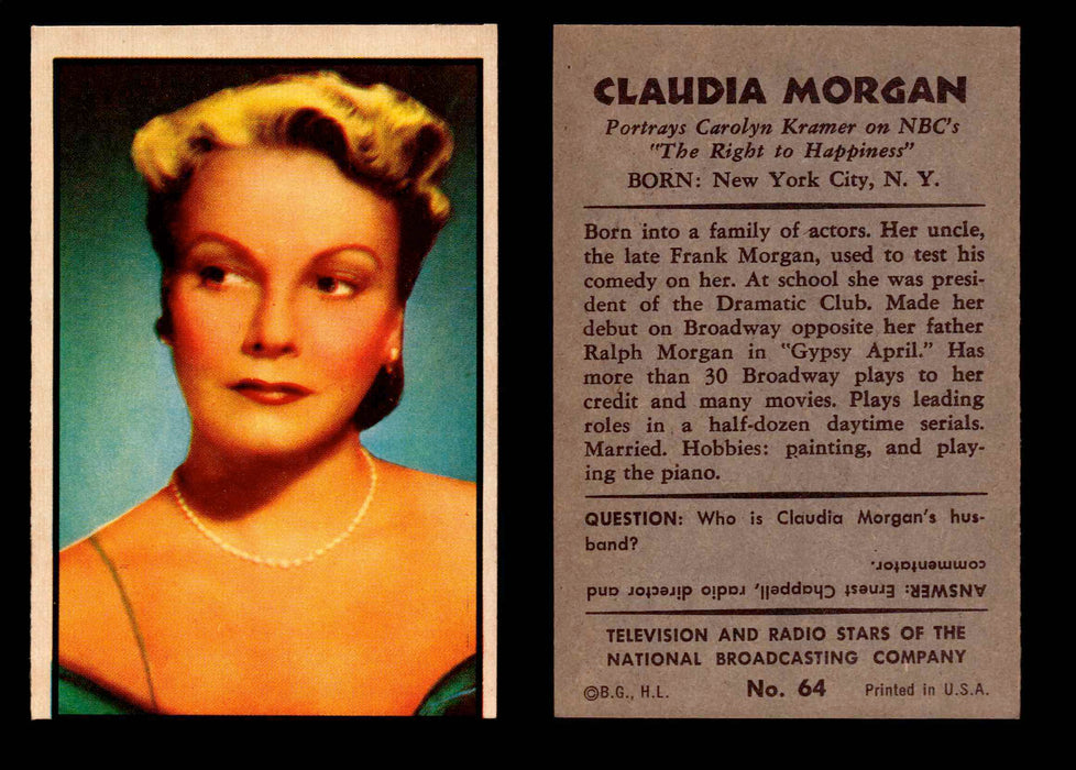 1953 Bowman NBC TV & Radio Stars Vintage Trading Card You Pick Singles #1-96 #64 Claudia Morgan  - TvMovieCards.com
