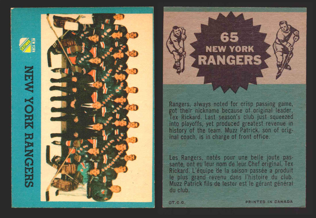 1962-63 Topps Hockey NHL Trading Card You Pick Single Cards #1 - 66 EX/NM #	65 New York Rangers Team Card  - TvMovieCards.com