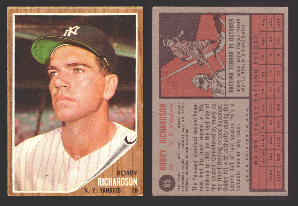 1962 Topps Baseball Trading Card You Pick Singles #1-#99 VG/EX #	65 Bobby Richardson - New York Yankees  (creased)  - TvMovieCards.com