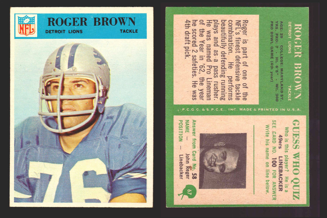 1966 Philadelphia Football NFL Trading Card You Pick Singles #1-#99 VG/EX 67 Roger Brown - Detroit Lions  - TvMovieCards.com