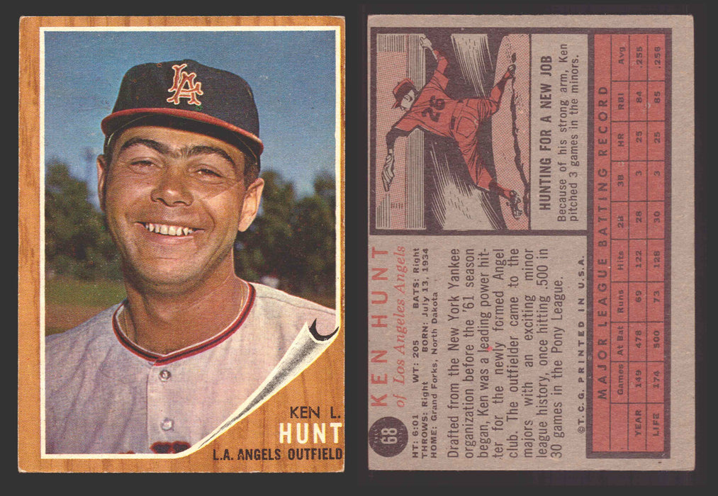1962 Topps Baseball Trading Card You Pick Singles #1-#99 VG/EX #	68 Ken L Hunt - Los Angeles Angels  - TvMovieCards.com