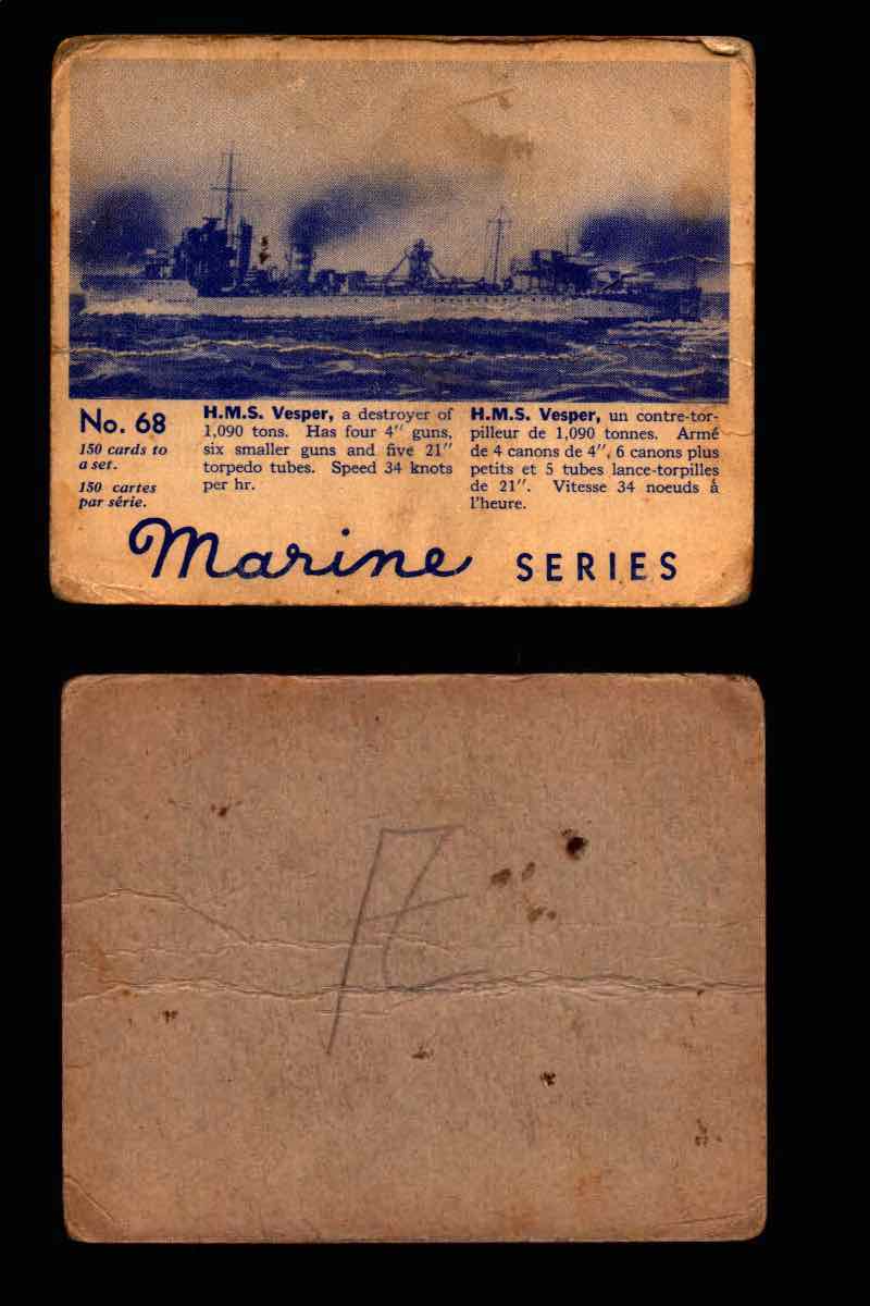 1944 Marine Bubble Gum World Wide V403-1 Vintage Trading Card #1-120 Singles #68 H.M.S. Vesper  - TvMovieCards.com