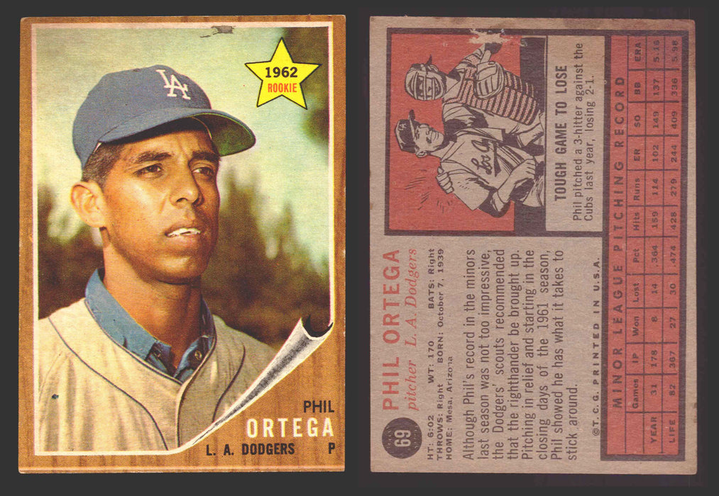1962 Topps Baseball Trading Card You Pick Singles #1-#99 VG/EX #	69 Phil Ortega - Los Angeles Dodgers RC (damaged)  - TvMovieCards.com