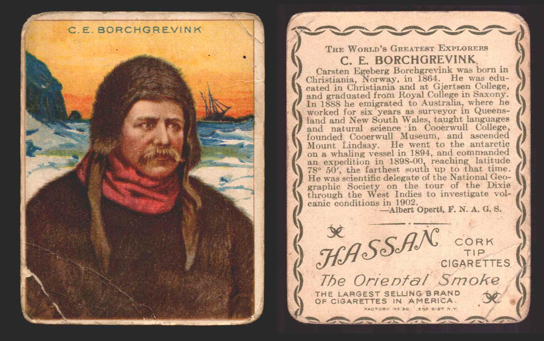 1910 T118 Hassan Cigarettes World's Greatest Explorers Trading Cards Singles #6 C.E. Borchgrevink  - TvMovieCards.com