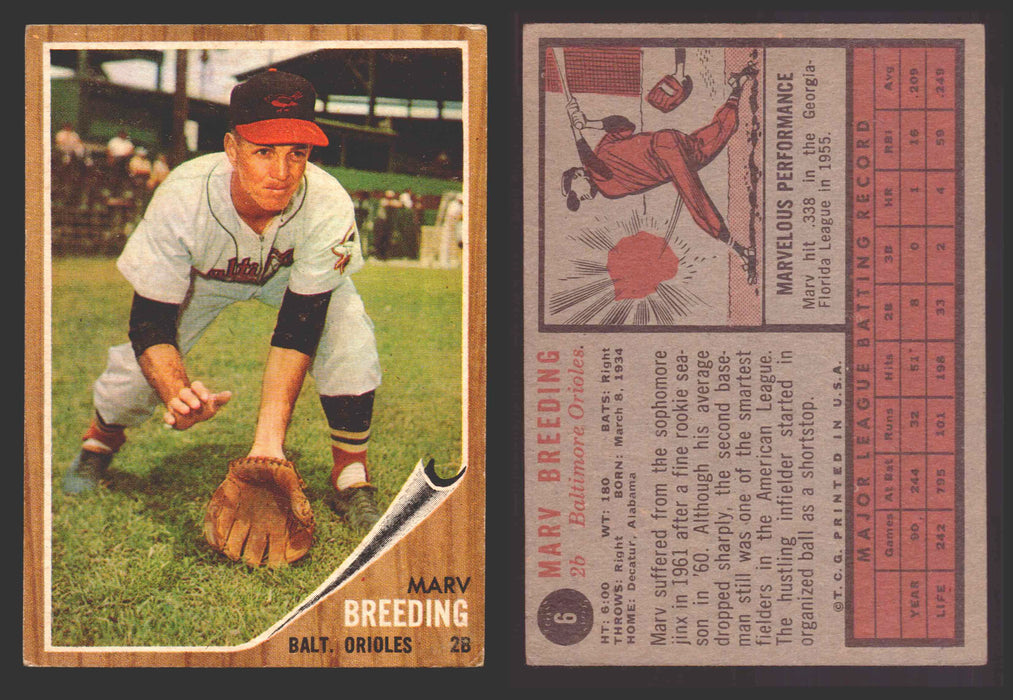 1962 Topps Baseball Trading Card You Pick Singles #1-#99 VG/EX #	6 Marv Breeding - Baltimore Orioles  - TvMovieCards.com