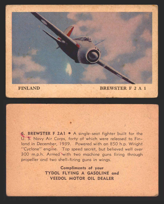 1940 Tydol Aeroplanes Flying A Gasoline You Pick Single Trading Card #1-40 #	6	Brewster F2A1  - TvMovieCards.com