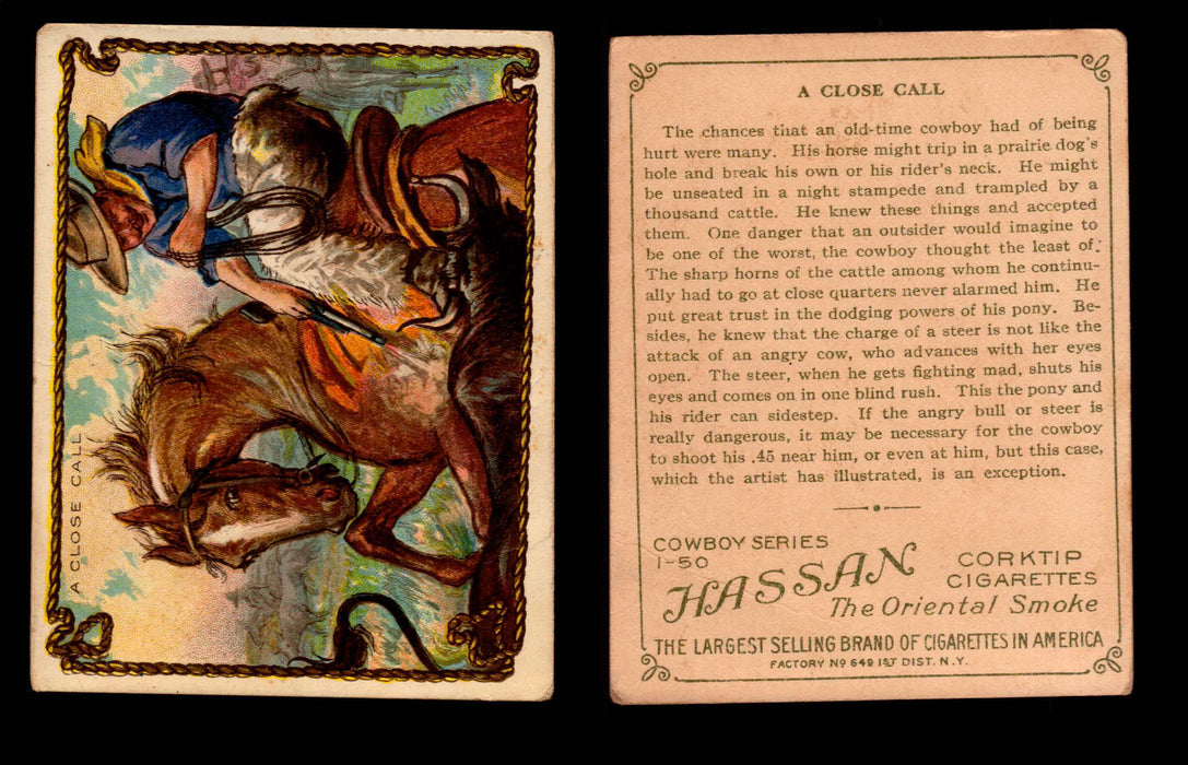 1909 T53 Hassan Cigarettes Cowboy Series #1-50 Trading Cards Singles #6 A Close Call  - TvMovieCards.com