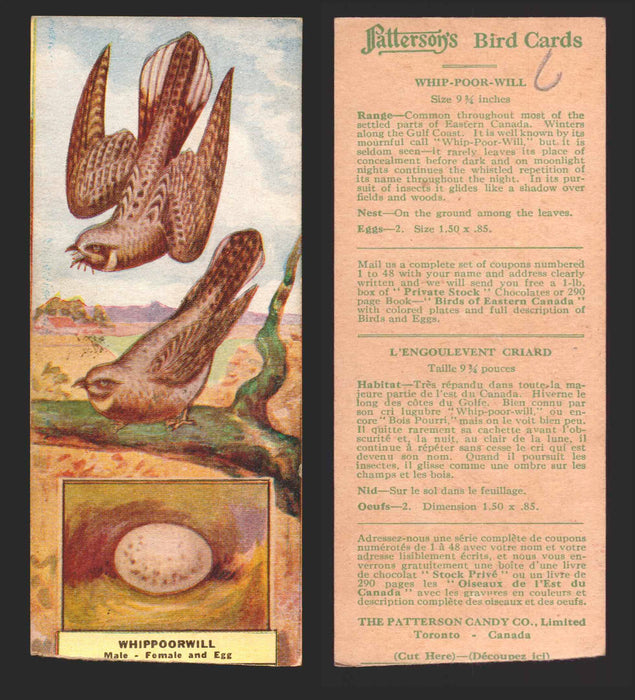1924 Patterson's Bird Chocolate Vintage Trading Cards U Pick Singles #1-46 6 Whip-Poor-Will  - TvMovieCards.com