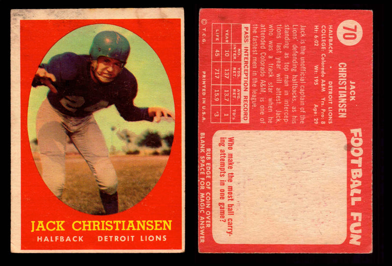 1958 Topps Football Trading Card You Pick Singles #1-#132 VG/EX #	70	Jack Christiansen (HOF)  - TvMovieCards.com
