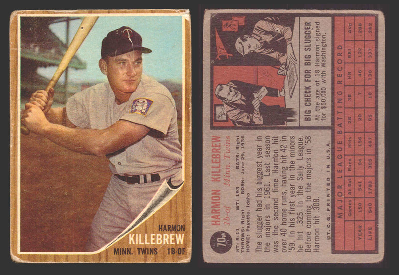 1962 Topps Baseball Trading Card You Pick Singles #1-#99 VG/EX #	70 Harmon Killebrew - Minnesota Twins  (creased)  - TvMovieCards.com