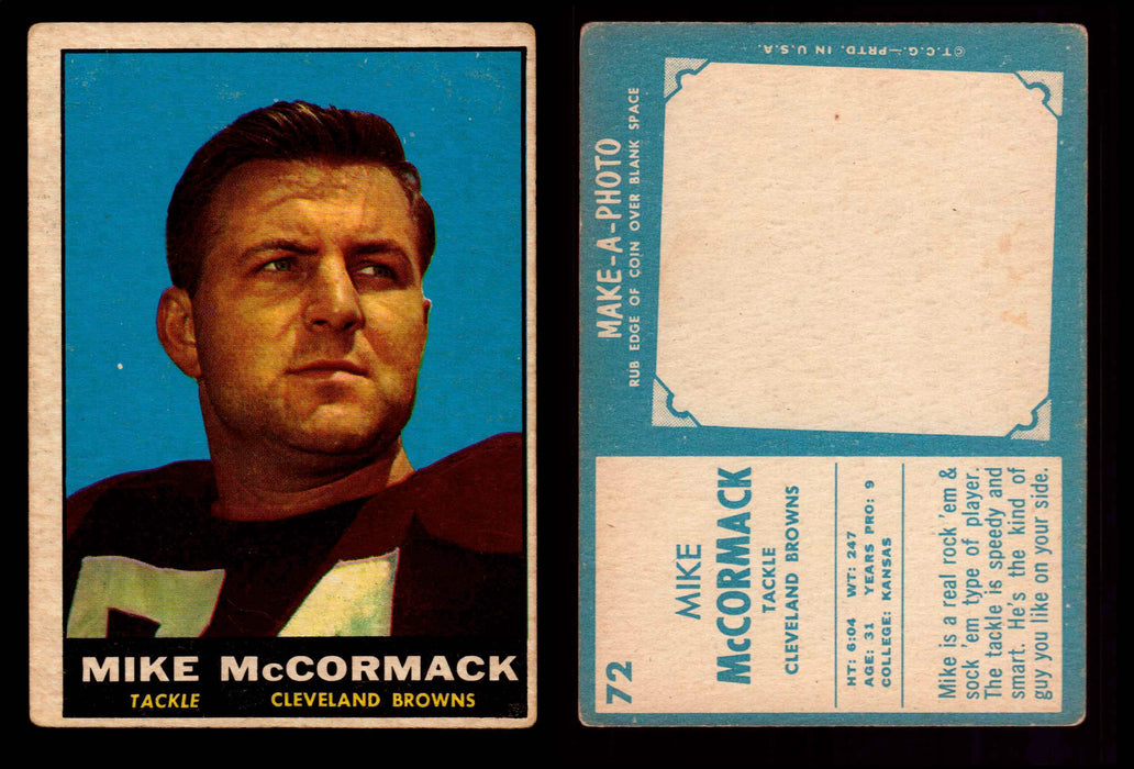 1961 Topps Football Trading Card You Pick Singles #1-#198 G/VG/EX #	72	Mike McCormack (HOF)  - TvMovieCards.com
