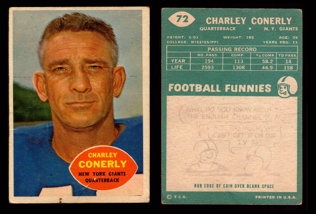 1960 Topps Football Trading Card You Pick Singles #1-#132 G/VG #	72	Charlie Conerly (Creased)  - TvMovieCards.com