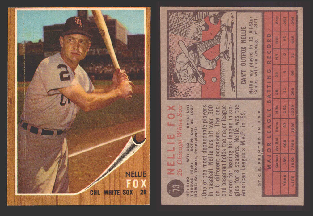 1962 Topps Baseball Trading Card You Pick Singles #1-#99 VG/EX #	73 Nellie Fox - Chicago White Sox  - TvMovieCards.com