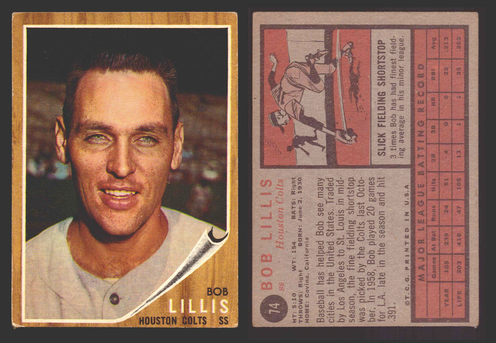 1962 Topps Baseball Trading Card You Pick Singles #1-#99 VG/EX #	74 Bob Lillis - Houston Colt .45's  - TvMovieCards.com
