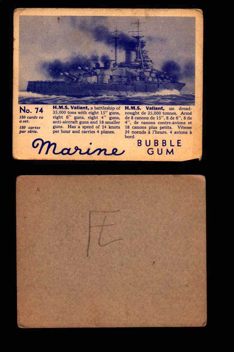 1944 Marine Bubble Gum World Wide V403-1 Vintage Trading Card #1-120 Singles #74 H.M.S. Valiant  - TvMovieCards.com