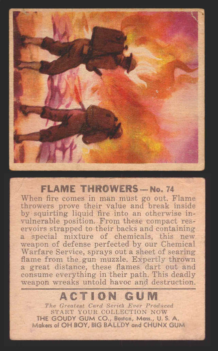 1938 Action Gum Vintage Trading Cards #1-96 You Pick Singles Goudy Gum #74   Flame Throwers  - TvMovieCards.com