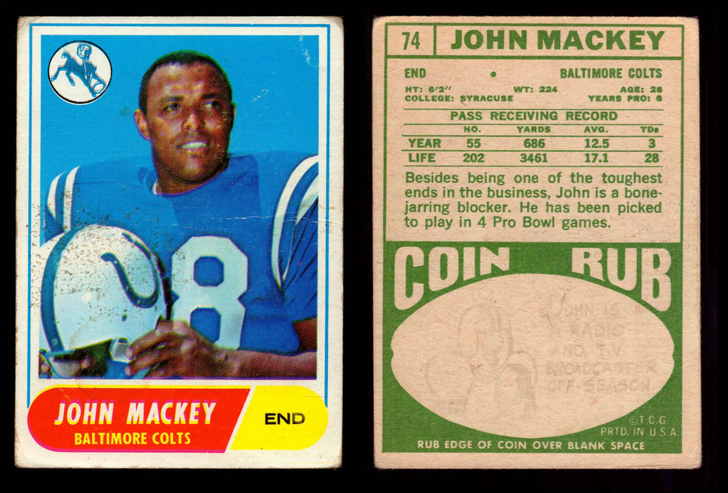 1968 Topps Football Trading Card You Pick Singles #1-#219 G/VG/EX #	74	John Mackey (HOF) (creased)  - TvMovieCards.com