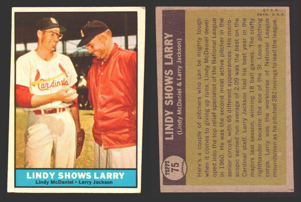 1961 Topps Baseball Trading Card You Pick Singles #1-#99 VG/EX #	75 Lindy Shows Larry - Lindy McDaniel / Larry Jackson  - TvMovieCards.com