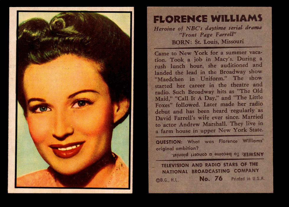 1953 Bowman NBC TV & Radio Stars Vintage Trading Card You Pick Singles #1-96 #76 Florence Williams  - TvMovieCards.com