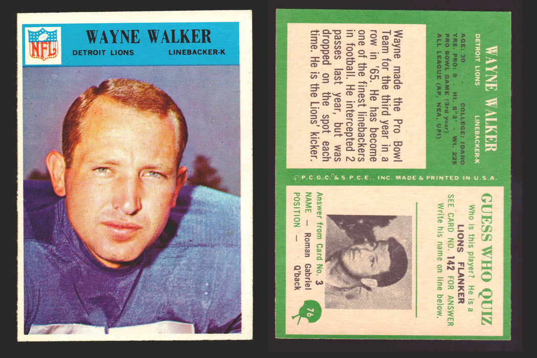 1966 Philadelphia Football NFL Trading Card You Pick Singles #1-#99 VG/EX 76 Wayne Walker - Detroit Lions  - TvMovieCards.com