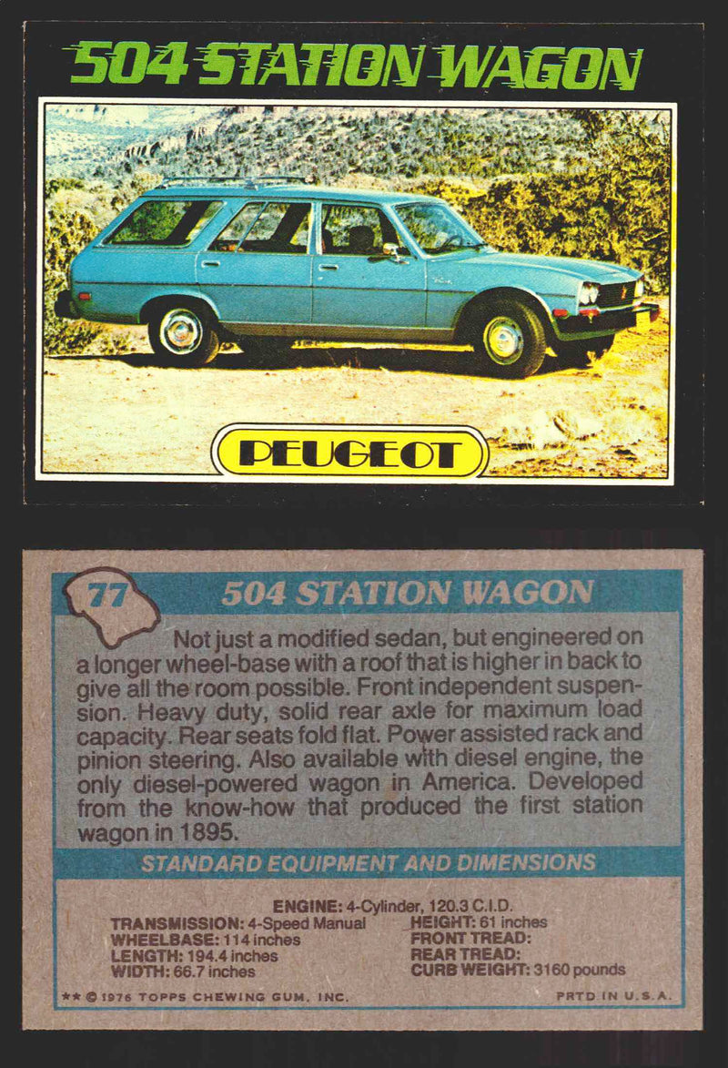 1976 Autos of 1977 Vintage Trading Cards You Pick Singles #1-99 Topps 77   Peugeot 500 Station Wagon  - TvMovieCards.com