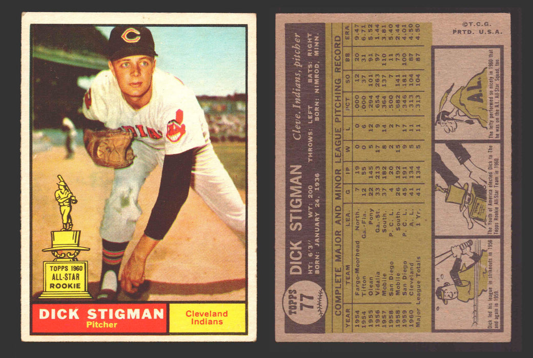 1961 Topps Baseball Trading Card You Pick Singles #1-#99 VG/EX #	77 Dick Stigman - Cleveland Indians  - TvMovieCards.com