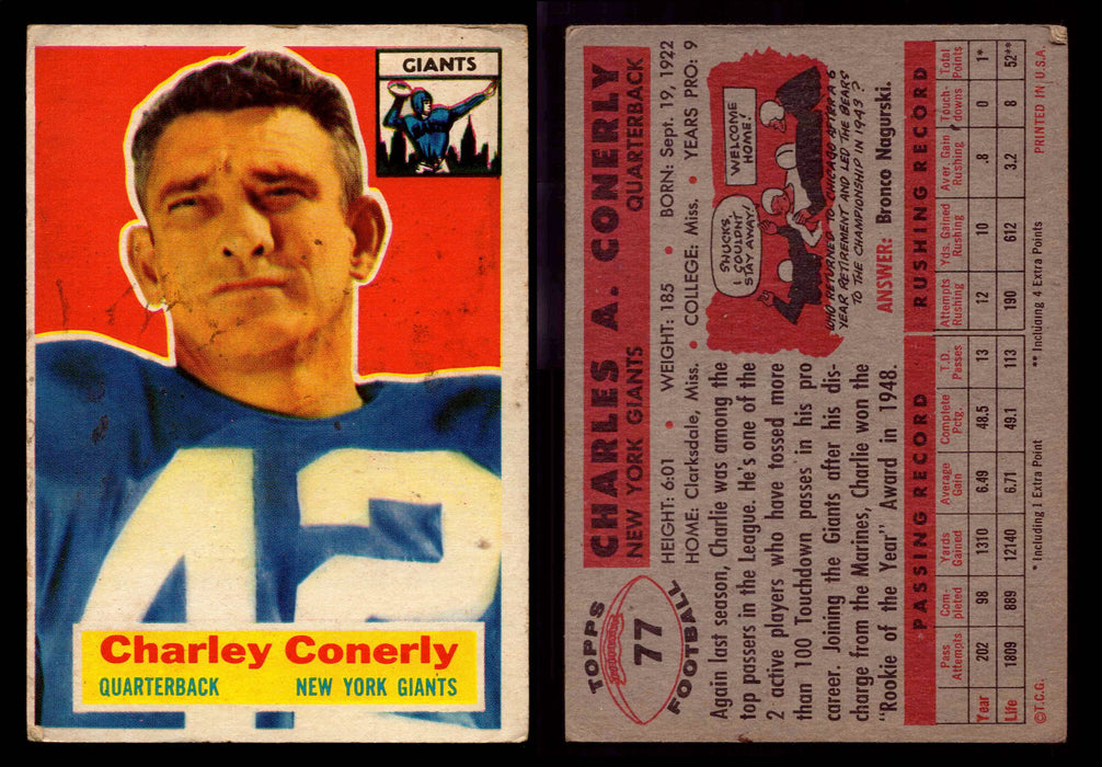 1956 Topps Football Trading Card You Pick Singles #1-#120 VG/EX #	77	Charlie Conerly  - TvMovieCards.com