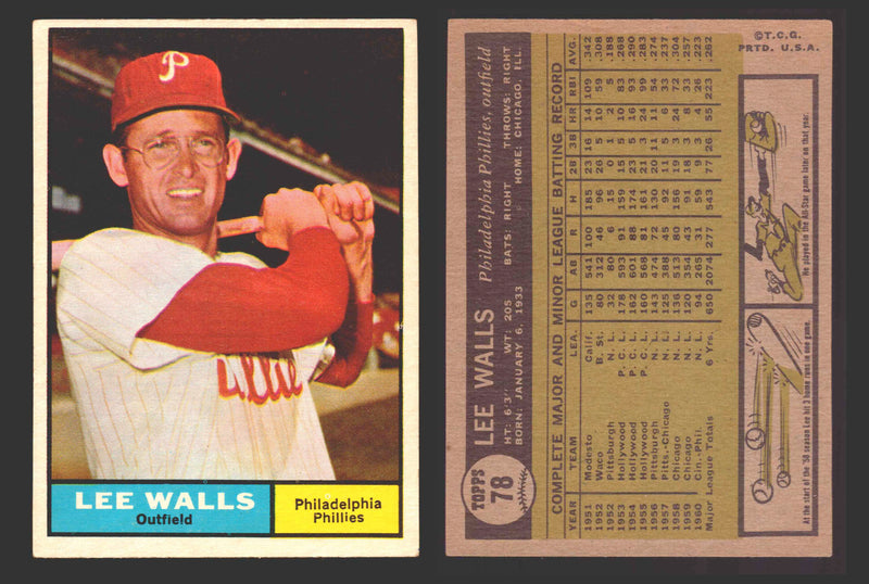 1961 Topps Baseball Trading Card You Pick Singles #1-#99 VG/EX #	78 Lee Walls - Philadelphia Phillies  - TvMovieCards.com