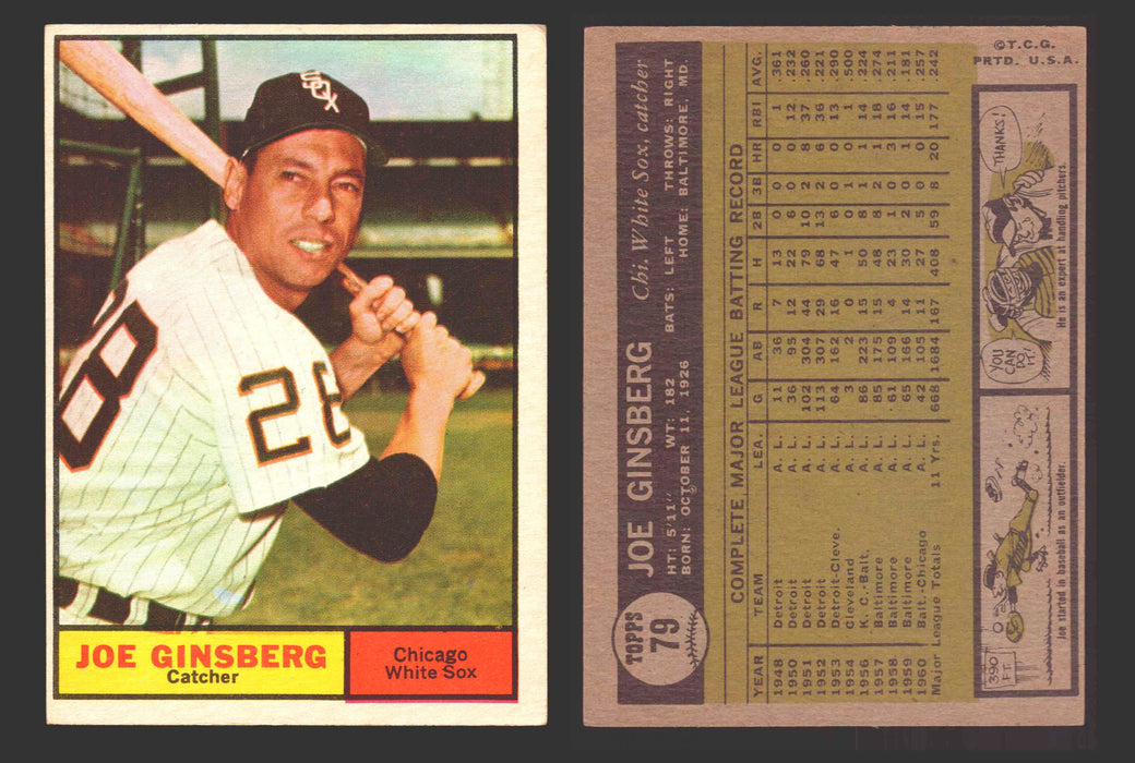 1961 Topps Baseball Trading Card You Pick Singles #1-#99 VG/EX #	79 Joe Ginsberg - Chicago White Sox  - TvMovieCards.com