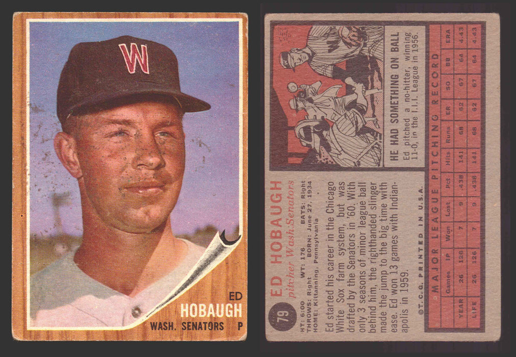 1962 Topps Baseball Trading Card You Pick Singles #1-#99 VG/EX #	79 Ed Hobaugh - Washington Senators  - TvMovieCards.com