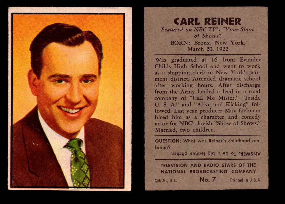 1953 Bowman NBC TV & Radio Stars Vintage Trading Card You Pick Singles #1-96 #7 Carl Reiner  - TvMovieCards.com