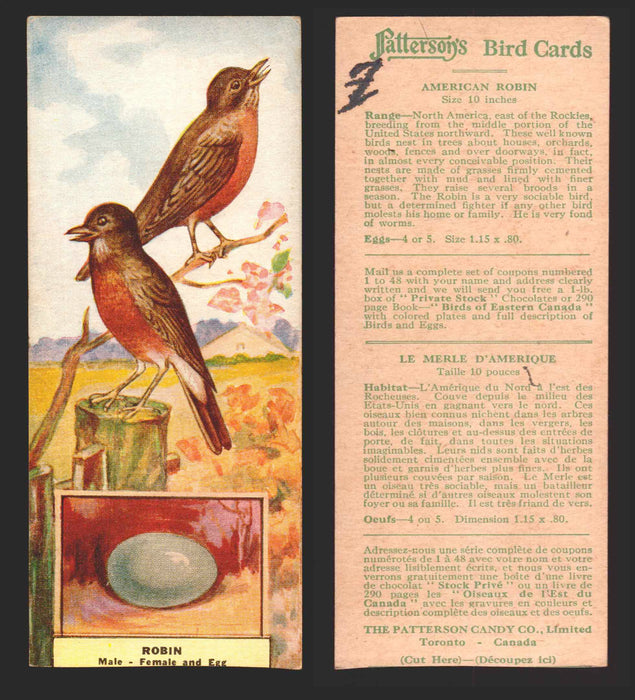1924 Patterson's Bird Chocolate Vintage Trading Cards U Pick Singles #1-46 7 American Robin  - TvMovieCards.com