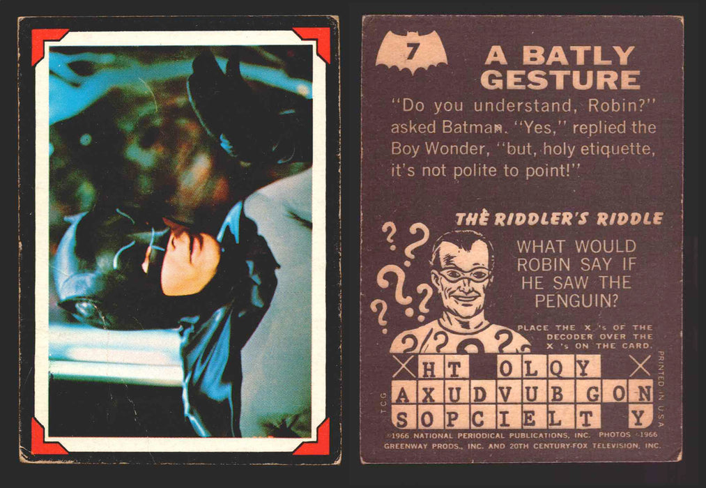 Batman Riddler Back Vintage Trading Card You Pick Singles #1-#38 Topps 1966 #	  7   A Batly Gesture  - TvMovieCards.com
