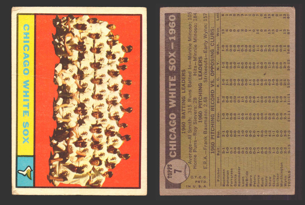 1961 Topps Baseball Trading Card You Pick Singles #1-#99 VG/EX #	7 Chicago White Sox Team (creased)  - TvMovieCards.com
