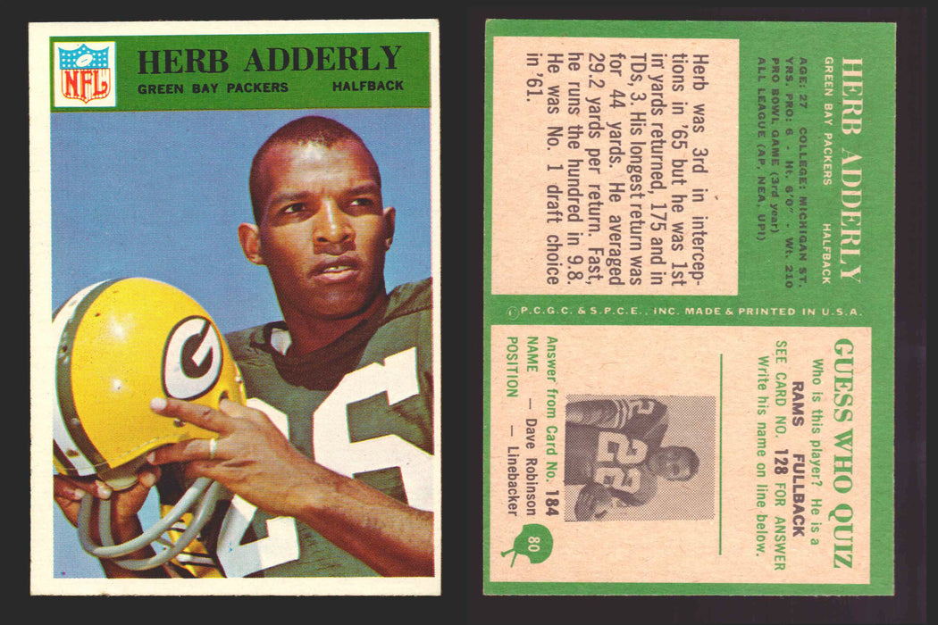 1966 Philadelphia Football NFL Trading Card You Pick Singles #1-#99 VG/EX 80 Herb Adderley - Green Bay Packers  - TvMovieCards.com