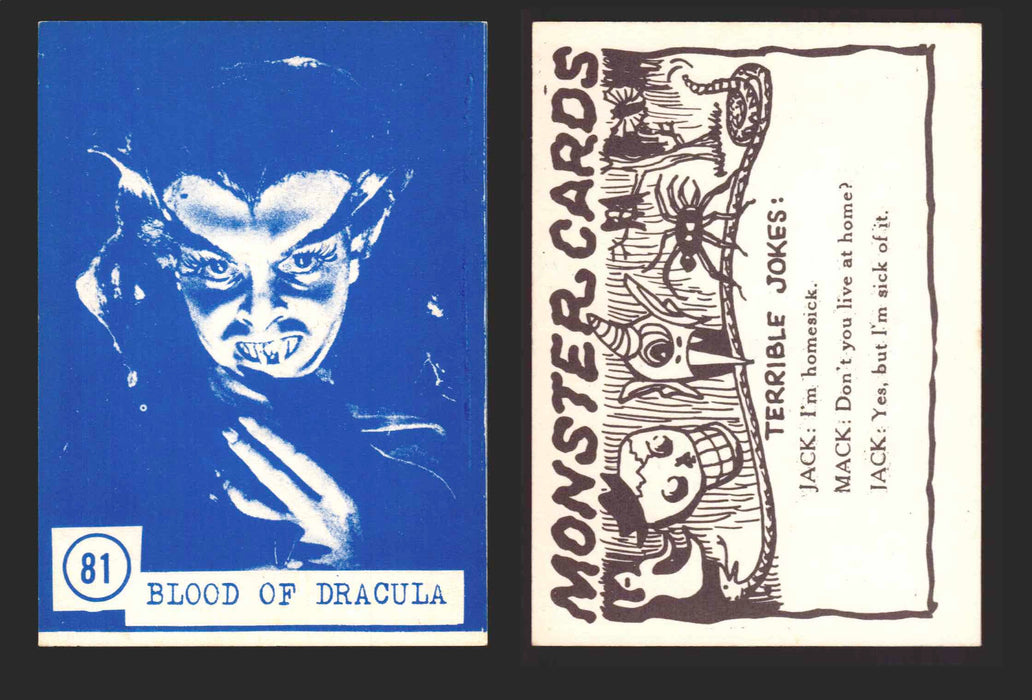 1965 Blue Monster Cards Vintage Trading Cards You Pick Singles #1-84 Rosen 81   Blood of Dracula  - TvMovieCards.com