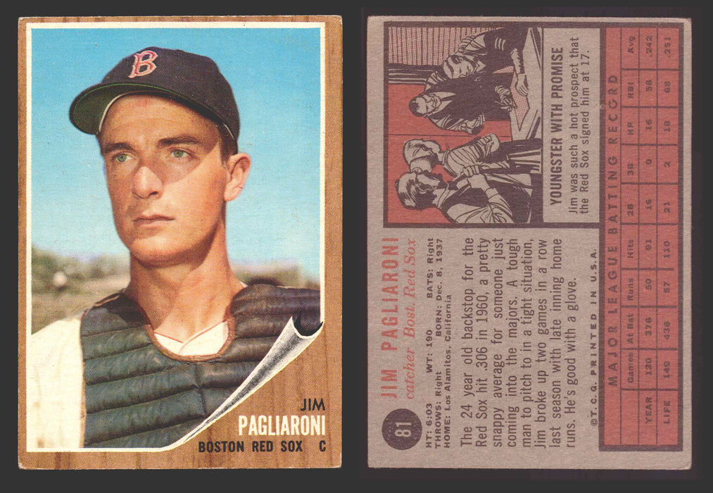 1962 Topps Baseball Trading Card You Pick Singles #1-#99 VG/EX #	81 Jim Pagliaroni - Boston Red Sox  - TvMovieCards.com