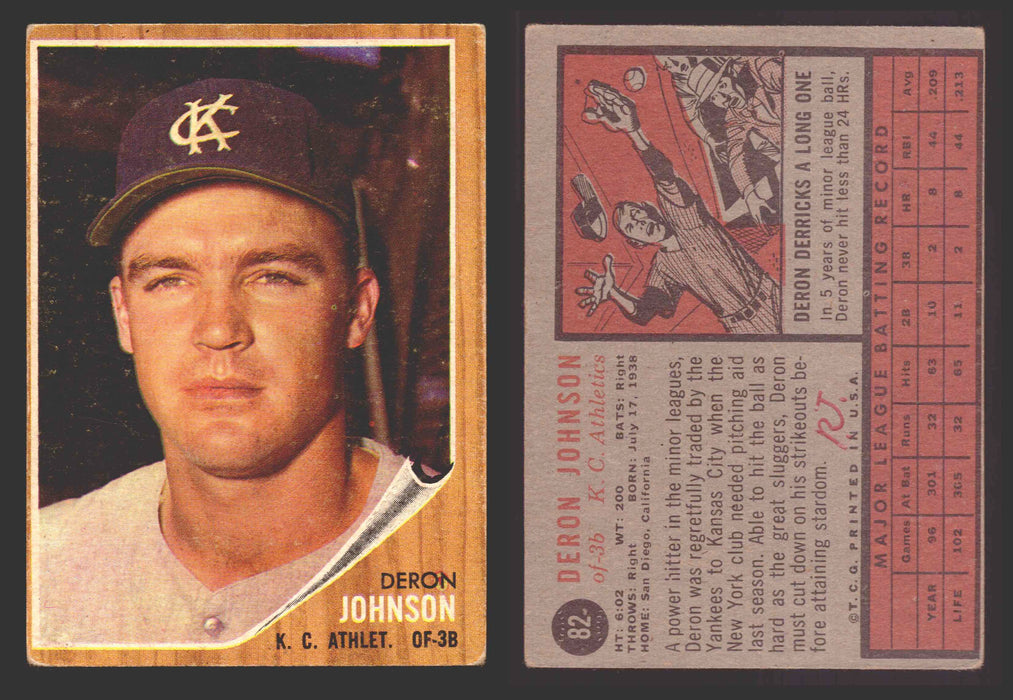 1962 Topps Baseball Trading Card You Pick Singles #1-#99 VG/EX #	82 Deron Johnson - Kansas City Athletics  - TvMovieCards.com