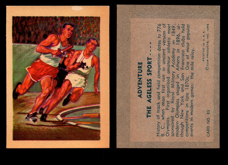 1956 Adventure Vintage Trading Cards Gum Products #1-#100 You Pick Singles #83 One Mile Relay / The Ageless Sport  - TvMovieCards.com