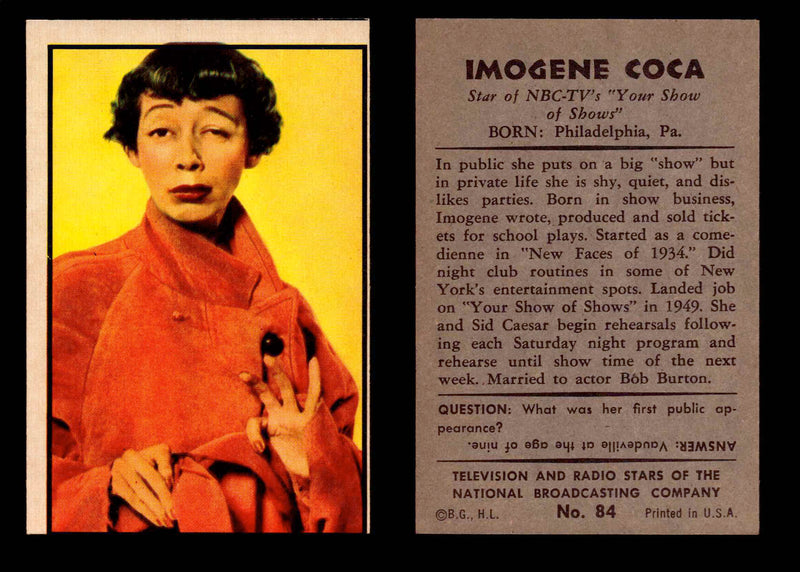 1953 Bowman NBC TV & Radio Stars Vintage Trading Card You Pick Singles #1-96 #84 Imogene Coca  - TvMovieCards.com